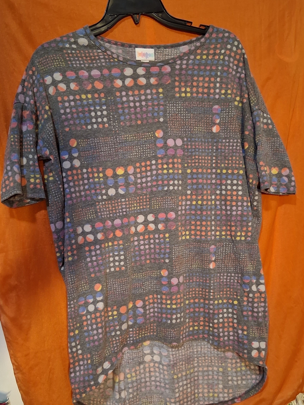 LuLaRoe Gray Tee with Multicolor Dot Grid